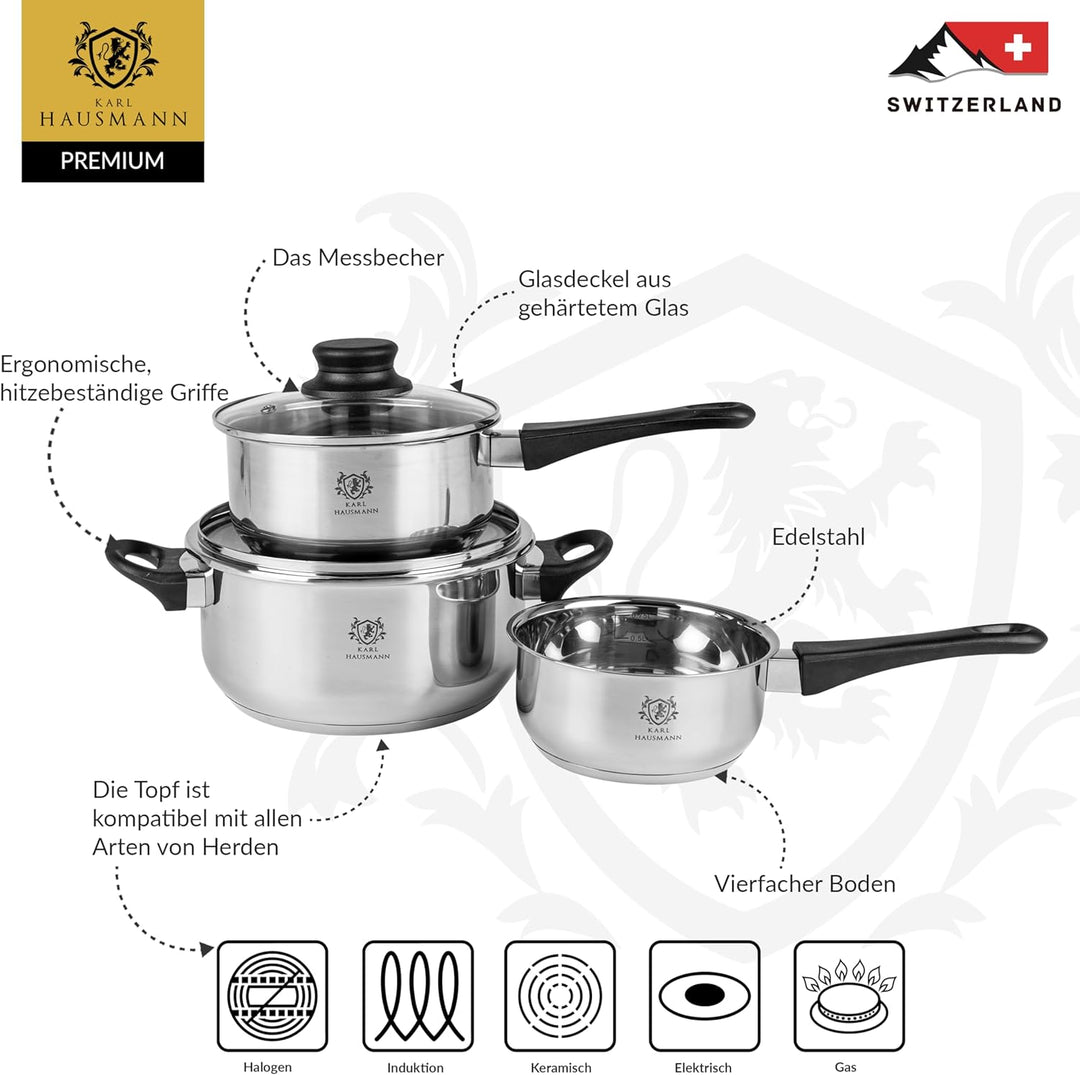 Topfset Induktion 3-teilig, Kochtopf Set mit Glasdeckel, Edelstahl mattiert, Induktions Töpfe Set un