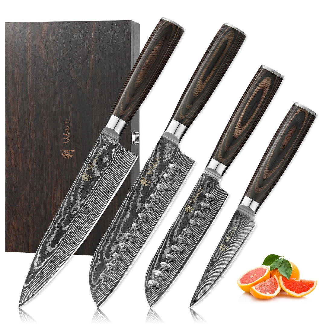 Wakoli EDIB Essentials 4er Küchenmesser Set mit 8-20cm Klingen I aus 67 Lagen Damaststahl I enthält
