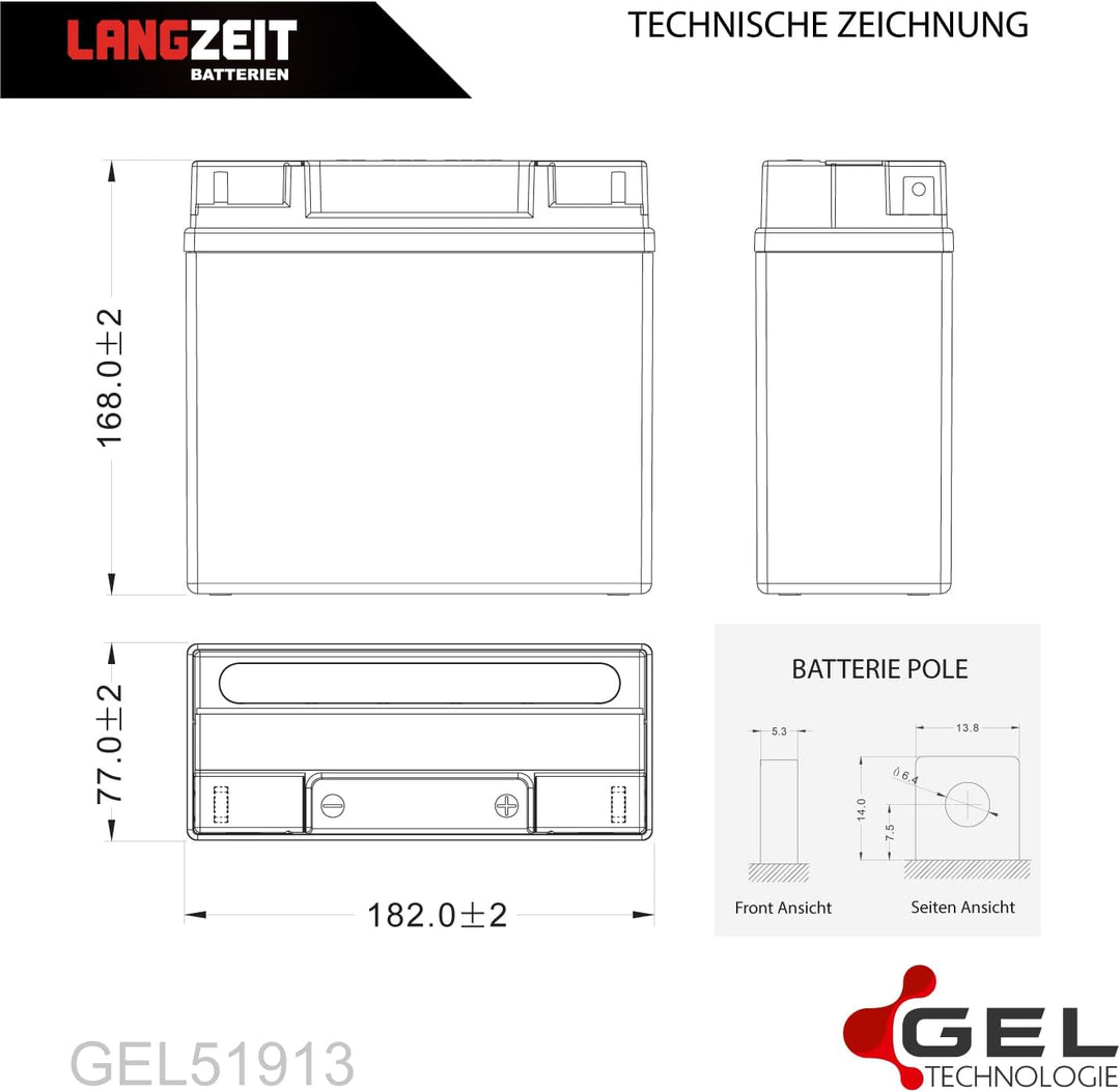 LANGZEIT 51913 GEL Motorradbatterie 12V 21Ah 345A/EN Gel Batterie 519013017 ABS 19Ah G19 doppelte Le