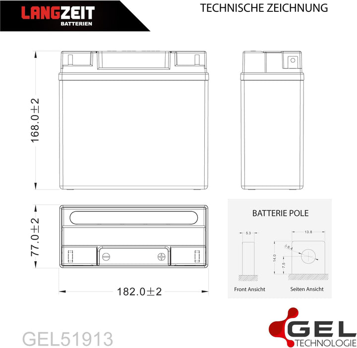 LANGZEIT 51913 GEL Motorradbatterie 12V 21Ah 345A/EN Gel Batterie 519013017 ABS 19Ah G19 doppelte Le