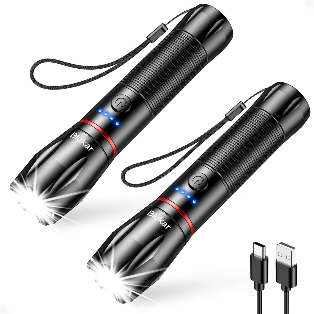 Blukar LED Taschenlampe Aufladbar, [2 Stück] 2000 Lumen Extrem Helle Zoombare Taschenlampen mit 5 Li