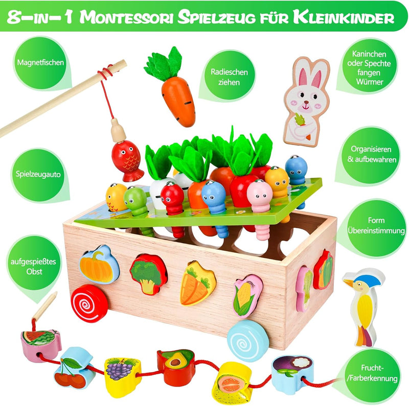 Goffii Montessori Spielzeug, Kinder Baby 8-in-1 Holzspielzeug, Bauernhof Autos, Karotten ernten Sort