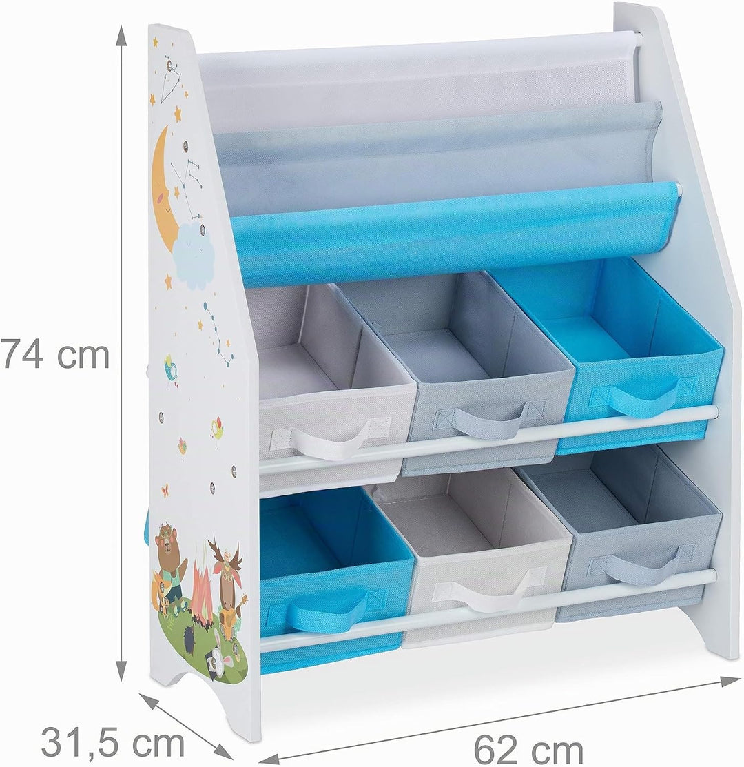 Relaxdays Kinderregal, Tiere Motiv, 6 Boxen, 2 Fächer, Kinderzimmer, Spielzeug Aufbewahrung HBT 74 x