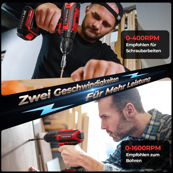 Akkuschrauber mit 2x 2000mAh Akkus, 20V Akku Bohrschrauber Set 42Nm Max, 2-Gang Akku-Bohrmaschine, K