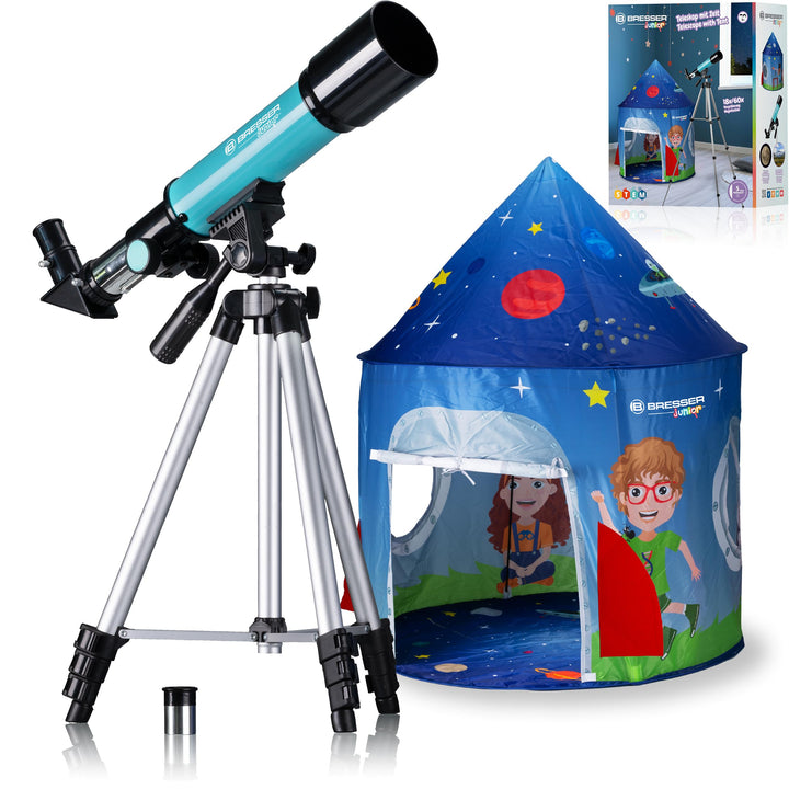 Bresser Junior Linsenteleskop 50/360 für Kinder - Astronomie Einsteigerset mit Zelt, Refraktor Teles