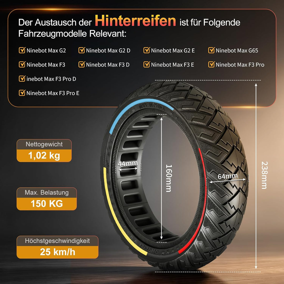60/65-6,9 Ersatzräder Vollgummireifen 10 Zoll Solide Reifen für Ninebot Max G2 G2D G2E G65 F3 F3 Pro
