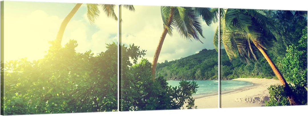 ge Bildet Bild auf Leinwand | Landschaftsbilder - Sonnenuntergang am Strand - Seychellen F in 120x40