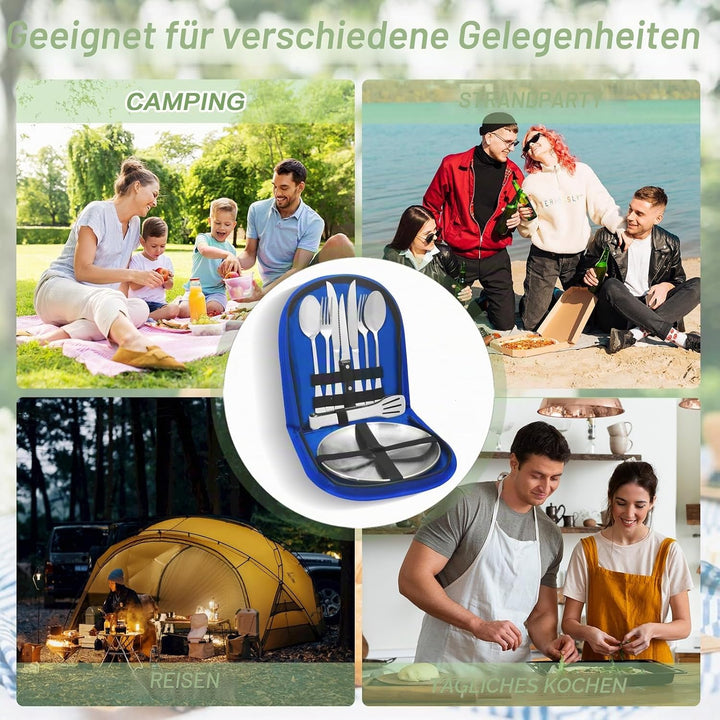 Camping Geschirr 2/4 Personen, 11/21PCS Camping Zubehör Camping Besteck Set Edelstahl Picknick Zubeh