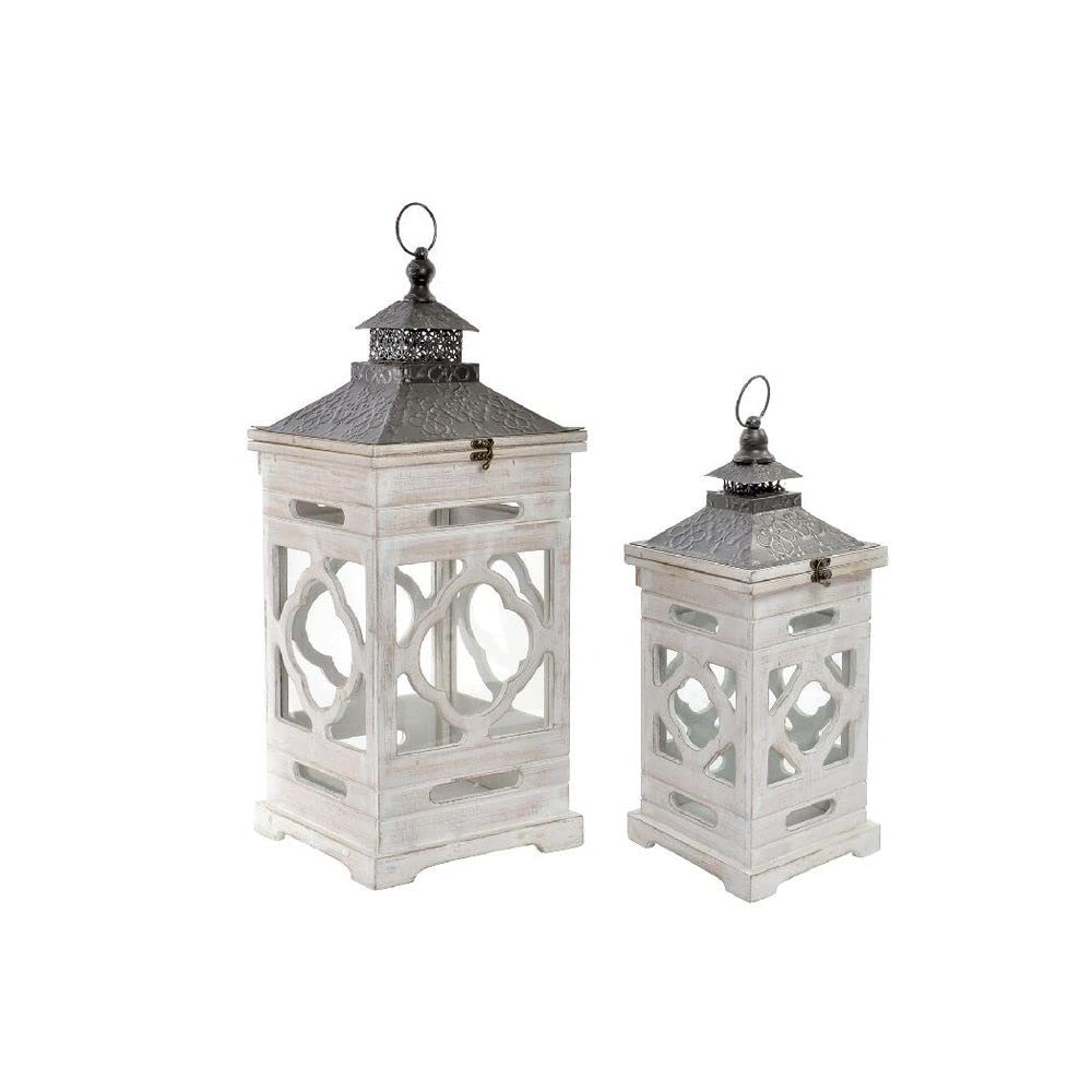 DKD Home Decor Marken-Laterne mit antikem Finish, Tannenkristall, Ethno-Stil, Weiss, 2 Stück (Refere