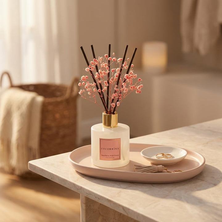 COCORRÍNA Raumduft Reed Diffuser mit 8 Duftstäbchen 200ml, Strawberry with Cream, Natürlich, Langanh