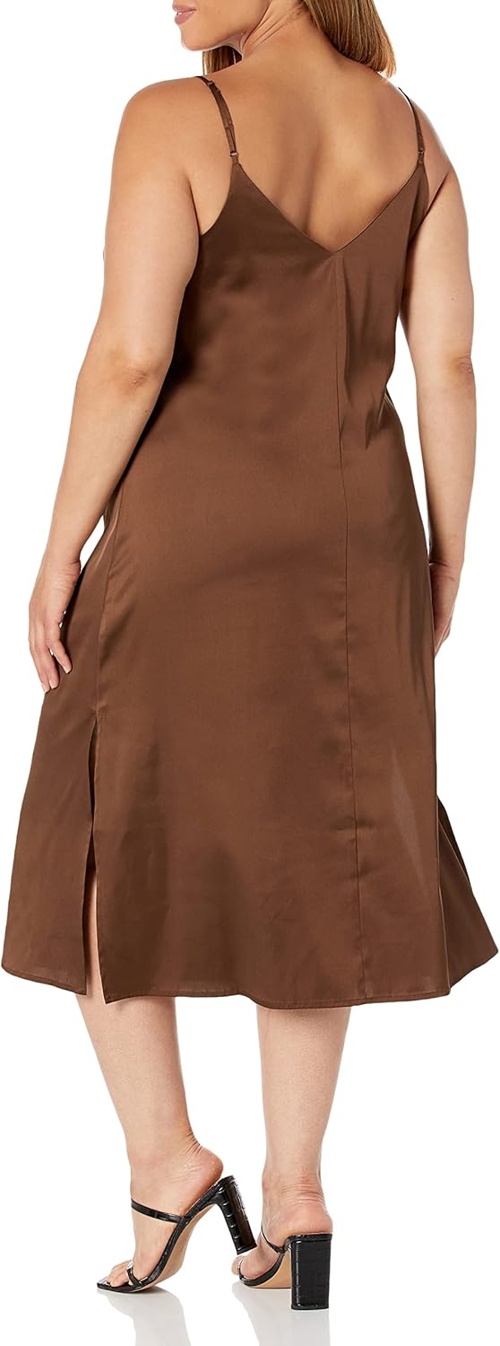 The Drop Damen Ana Silky Midi-Slip-Kleid mit V-Ausschnitt L Espresso, L Espresso
