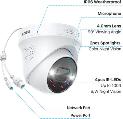 ZOSI 4X 4K PoE Überwachungskamera Aussen IP PoE Dome Kamera Zusatz mit Netzwerkkabel für ZOSI 4K PoE