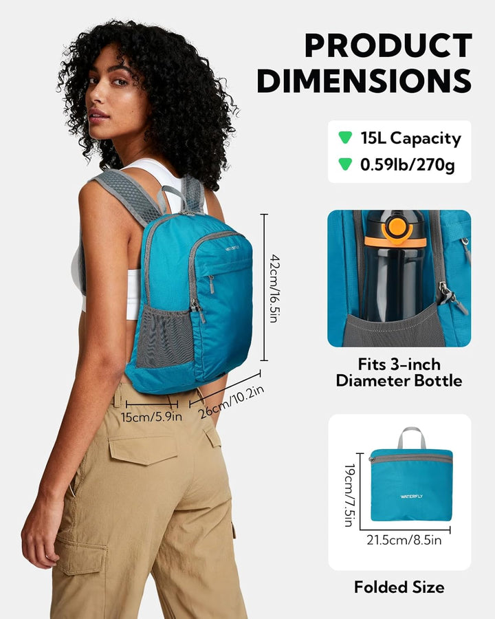 WATERFLY Faltbarer Rucksack Klein Ultraleicht: 15L Wanderrucksack Leicht Tagesrucksack Packable Dayp