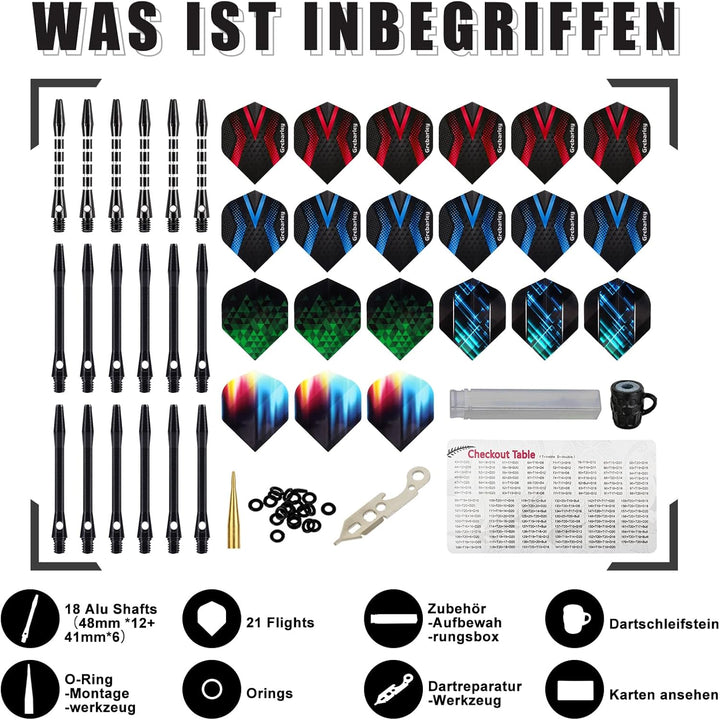 Grebarley Dartpfeile mit Metallspitze,12 Stück Profi Steeldarts 18 Aluminium Schaft mit 9 Flights 20