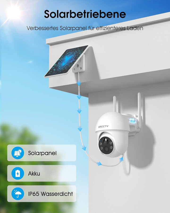 ARCCTV 4MP Solar Überwachungskamera Aussen, Aussenkamera Kabellos Akku, 2,4/5GHz-WLAN, Alarm Bei Per
