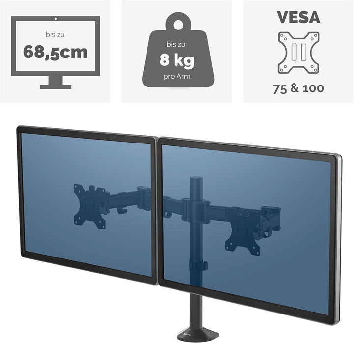 Fellowes Monitor Halterung 2 Monitore - Monitor Arm für 2 Bildschirme bis 68,5 cm (27 Zoll) - bis 18