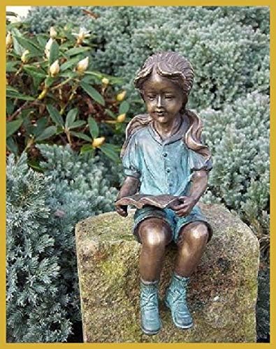 IDYL Bronze-Skulptur Lesendes Mädchen | 20x7x8 cm | Kinderfigur aus Bronze handgefertigt | Gartensku