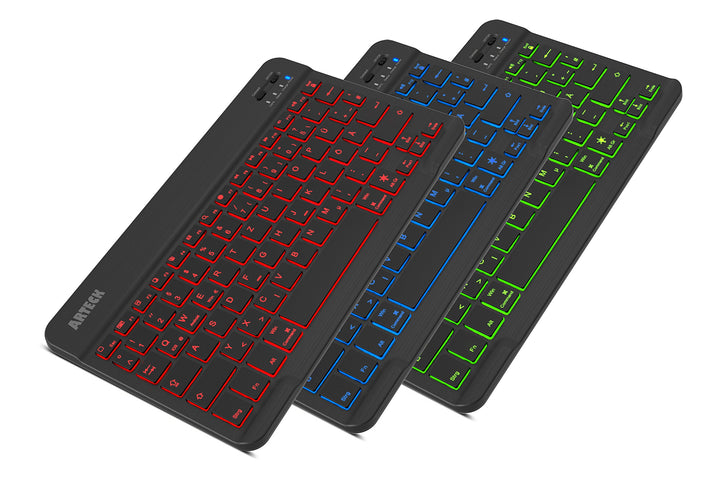 Arteck Bluethooth QWERTZ Deutsche Wireless Tastatur mit 7 Farben Ultraleicht und dünn Tragbare Kabel