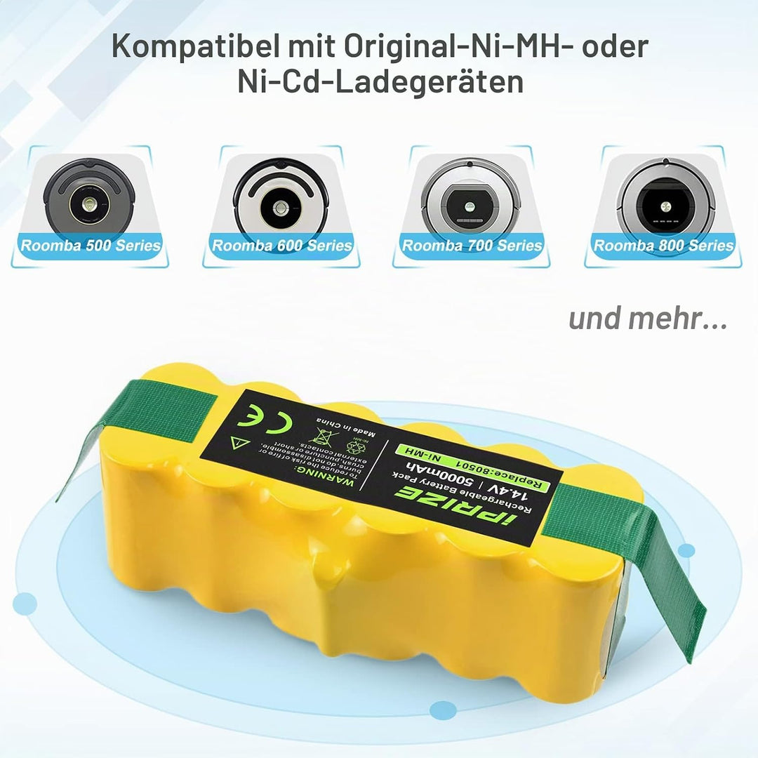 iPrize 14,4V 5,0Ah NI-MH Ersatzakku für iRobot Roomba R3 500/600/700/800/900 Serie 510 530 532 535 5