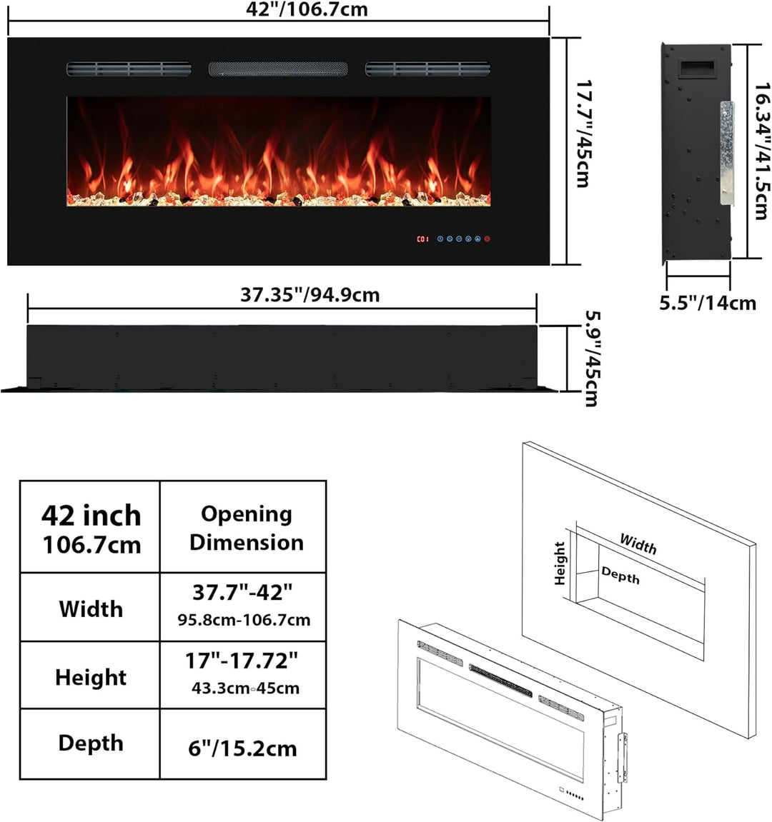 42 Inch/108cm Elektrokamin, Einbau- und Wandkaminheizung, Thermostat, linearer Kamin mit Fernbedienu