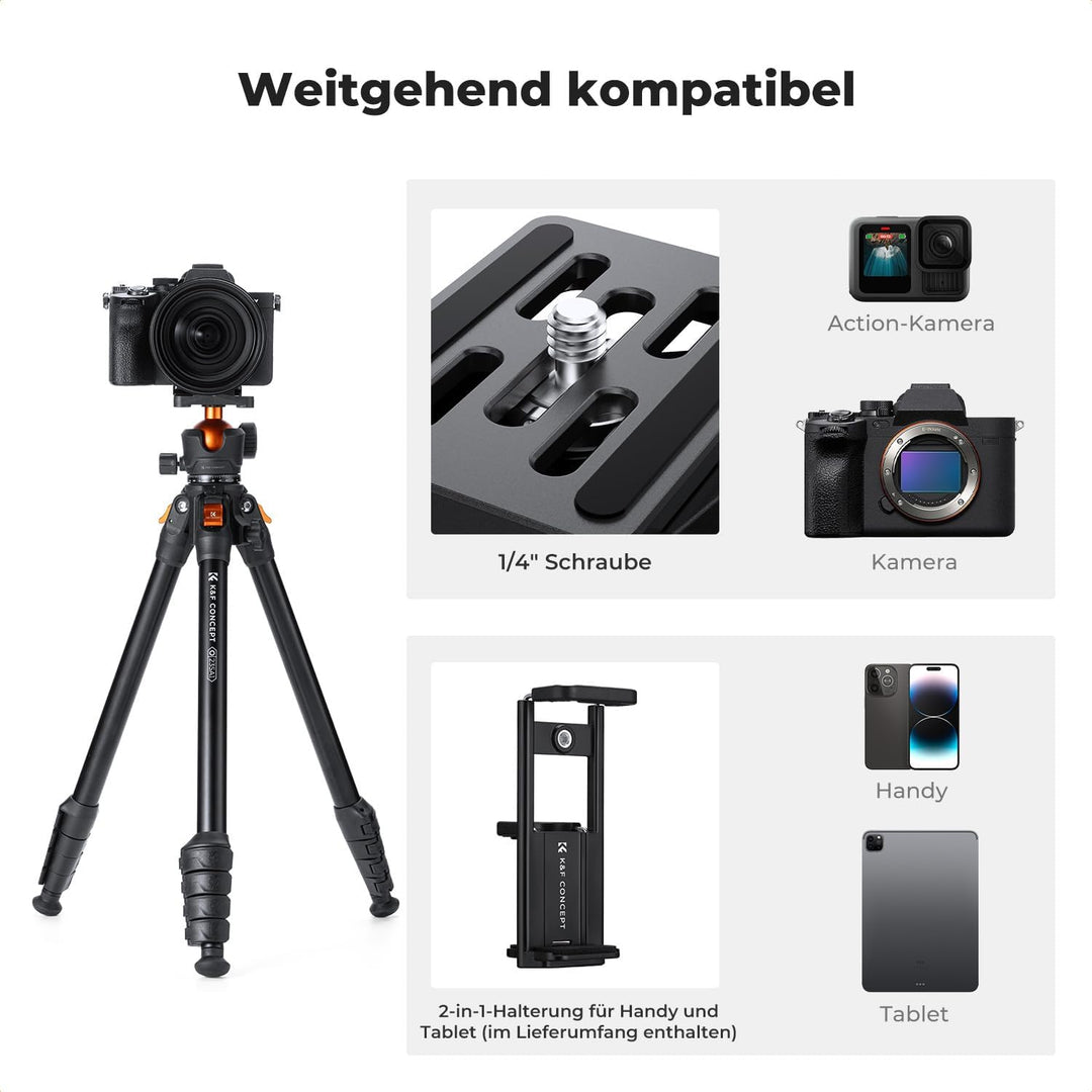 K&F CONCEPT 163CM Aluminium Kamerastativ, leichtes und kompaktes Stativ, Gewicht von 1,2kg und maxim