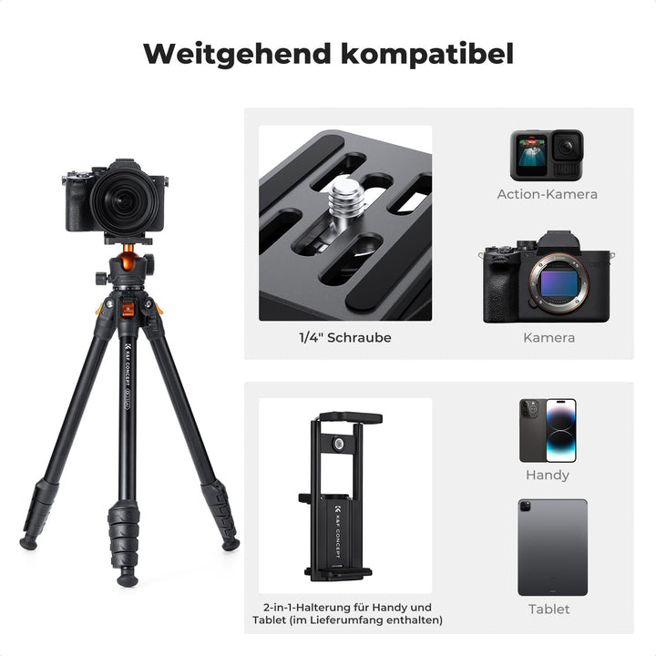 K&F CONCEPT 163CM Aluminium Kamerastativ, leichtes und kompaktes Stativ, Gewicht von 1,2kg und maxim