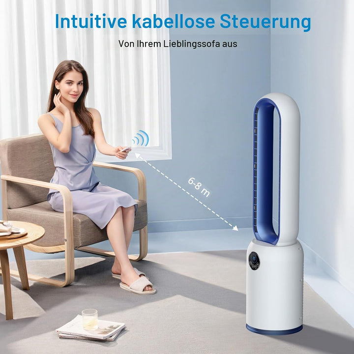 Turmventilator ohne Flügel 88cm – geräuschloser Standventilator mit 55W Motor, LED-Touchscreen & Fer