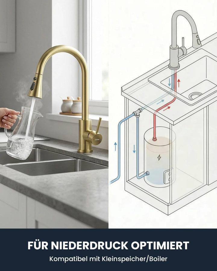 DAYONE Gold Niederdruck Küchenarmatur, SUS304 Edelstahl Wasserhahn Küche mit Ausziehbarer 3-Strahl-B