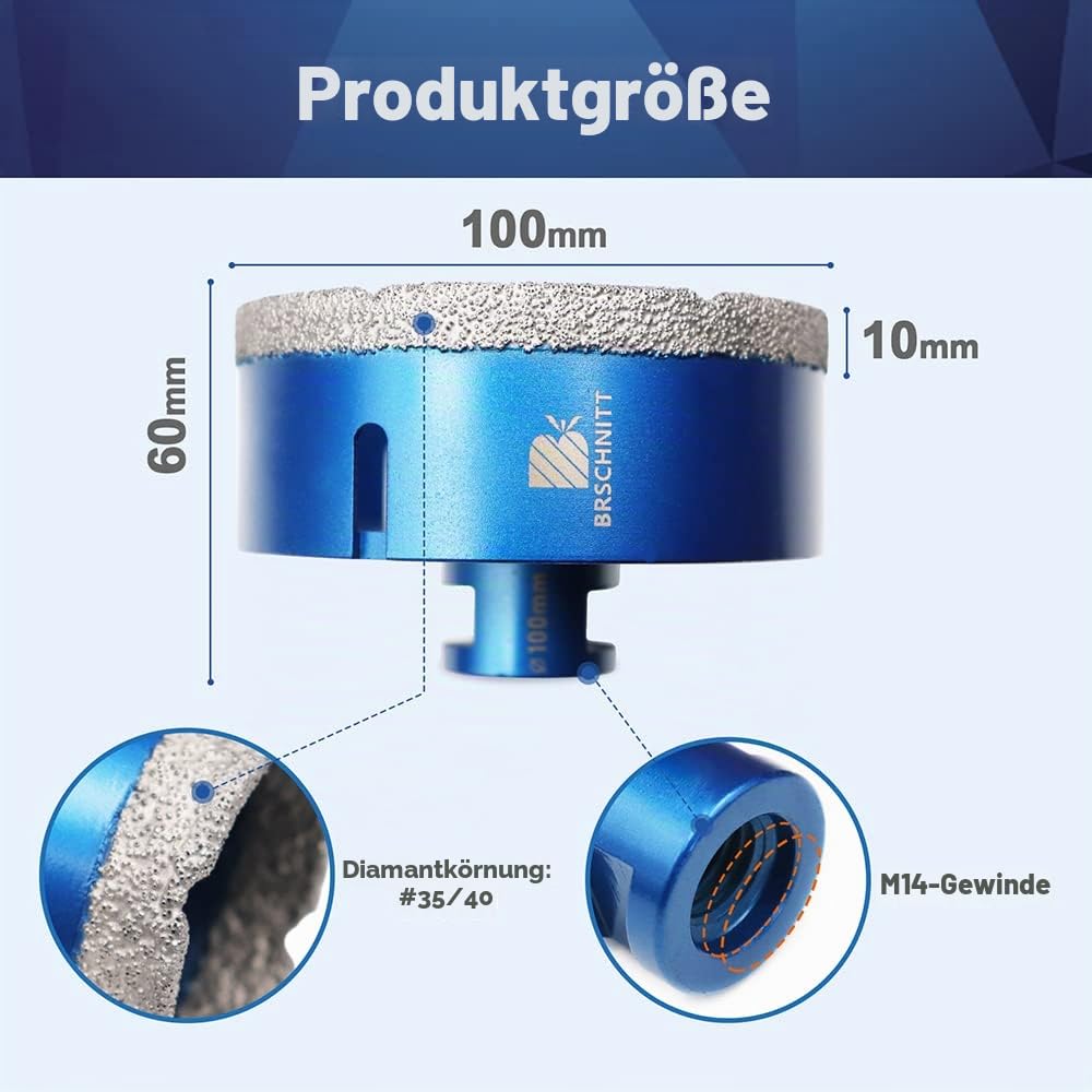 Diamant Fliesenbohrer 100mm - M14 Diamantbohrer Lochsäge für Fliesen Porzellan Keramik Marmor Granit