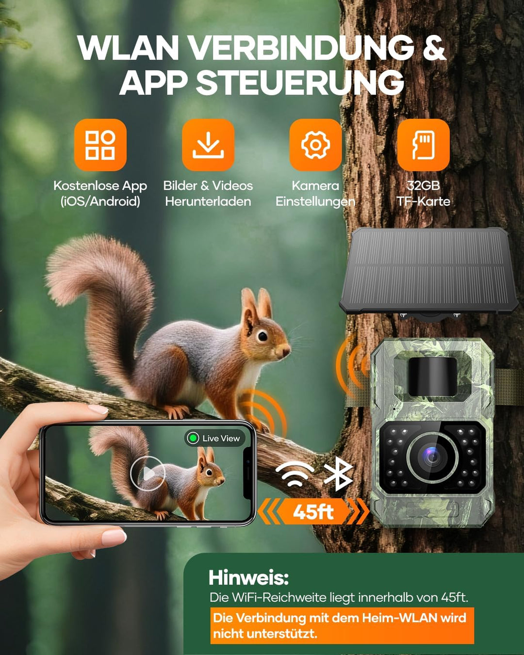 Wildkamera mit Handyübertragungs-App,WIAN Solar Wildtierkamera mit Nachtsicht Bewegungsmelder,48MP 3