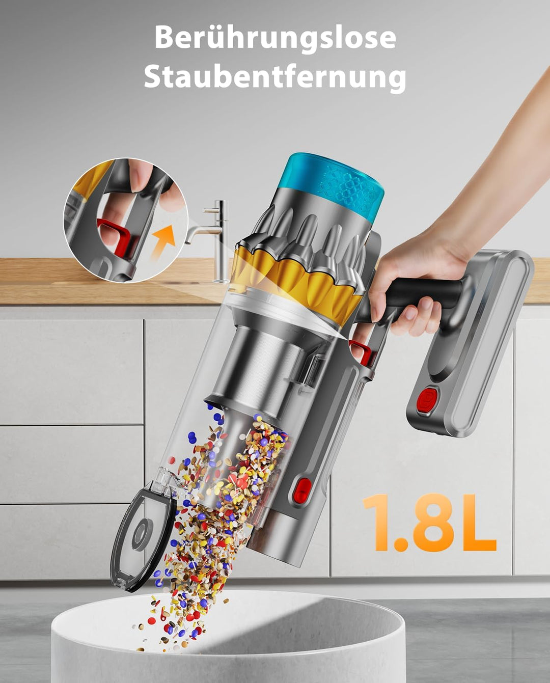 Akku Staubsauger, 50kPa/650W/70Min Staubsauger Kabellos,mit OLED-Display und 1,8-Liter-Behälter, Lei