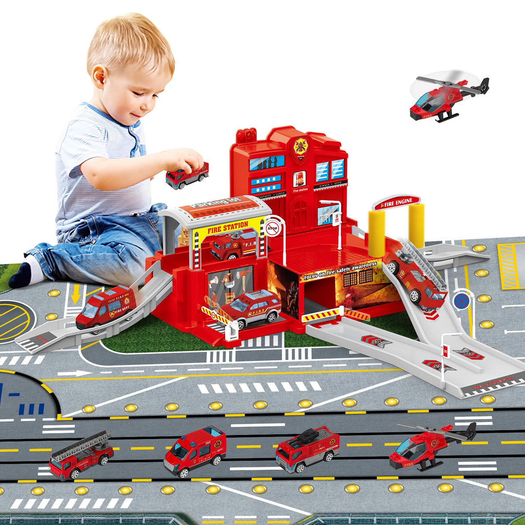 deAO City Feuerwehr Fire Station mit Feuerwehrauto, Hubschrauber, Feuerwehr Büro Bauen, Feuerwehrsta
