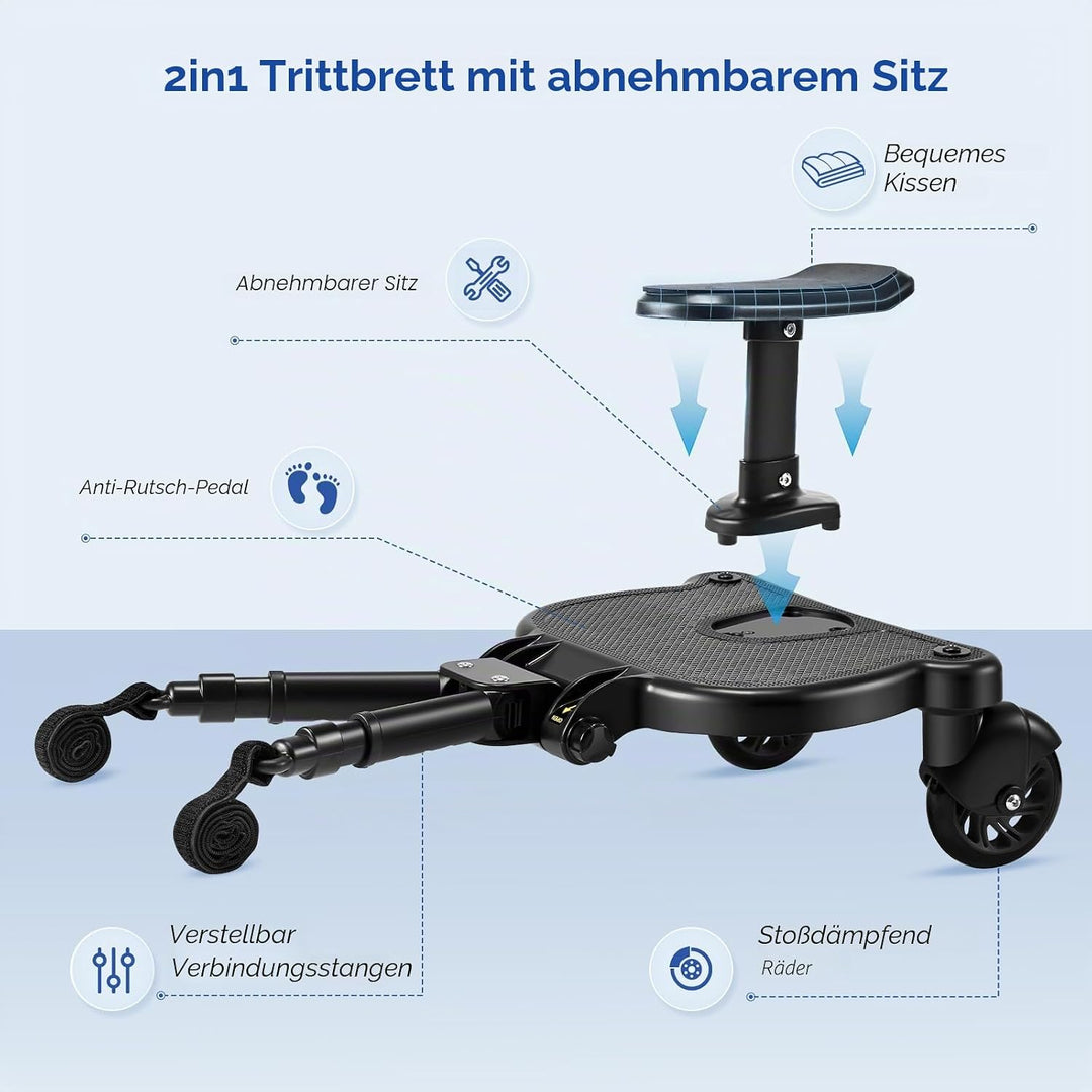 Mevip Buggy Board mit Sitz, Trittbrett Mitfahrbrett universal, Kinderwagen Board mit Kinderwagen Org