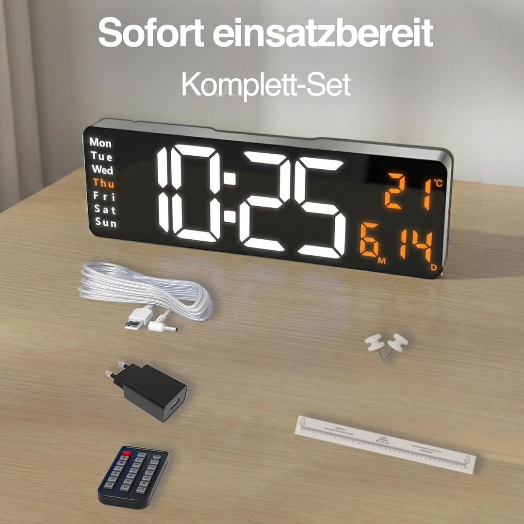 Opis Clock 1 XXL Weiss/Orange: Wanduhr Digital mit Temperaturanzeige, die Grosse Leuchtende LED Digi