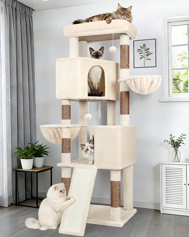Globlazer Kratzbaum Beige XL Hoch 177cm mit 2 Grosser Katzenhaus, Kratzrampe Sisal, Gepolsterte Plat
