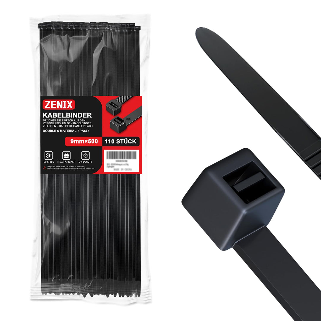 ZENIX Kabelbinder Schwarz 9mm x 500mm, 110 Stück Kabelbinder UV Beständig lang, Schwarze Binder mit