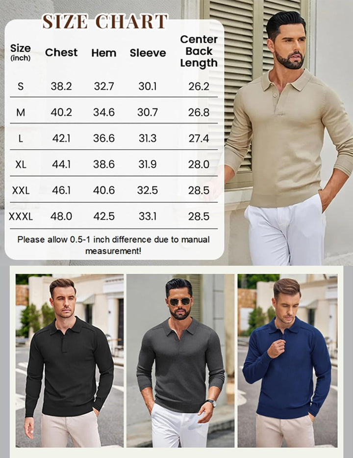 COOFANDY Strickpullover Herren Poloshirt Langarm Polo Pullover Pulli mit Polokragen Versteckte Knopf