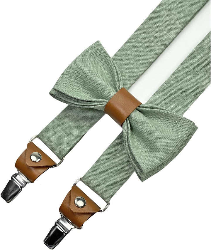 LINILI Leinen Accessoires SET: Fliege, Hosenträger, Einstecktuch, Manschettenknöpfe- Fliege Bereits