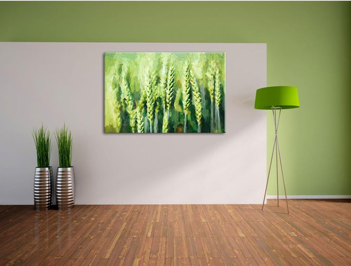 Pixxprint Grüne Weizen auf dem Feld Kunst als Leinwandbild/Grösse: 100x70 cm/Wandbild/Kunstdruck/fer