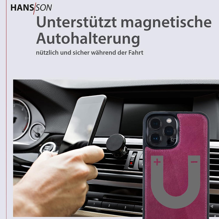 HANS/SON Handyhülle aus Echtleder mit Kartenfächern in Magenta | Pinke iPhone 13 Pro Max Klapphülle