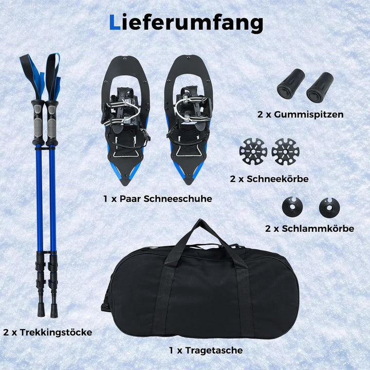 GYMAX leichte Alu Schneeschuhe, Geländeschneeschuh Set mit verstellbar Trekkingstöcke & Tragetasche,