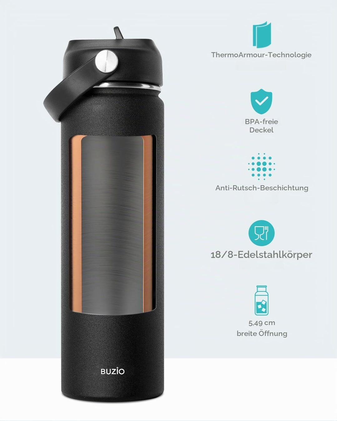 Edelstahl Trinkflasche mit Strohhalm, BUZIO Thermosflasche 680ml mit Strohhalmdeckel und Flexkappe k
