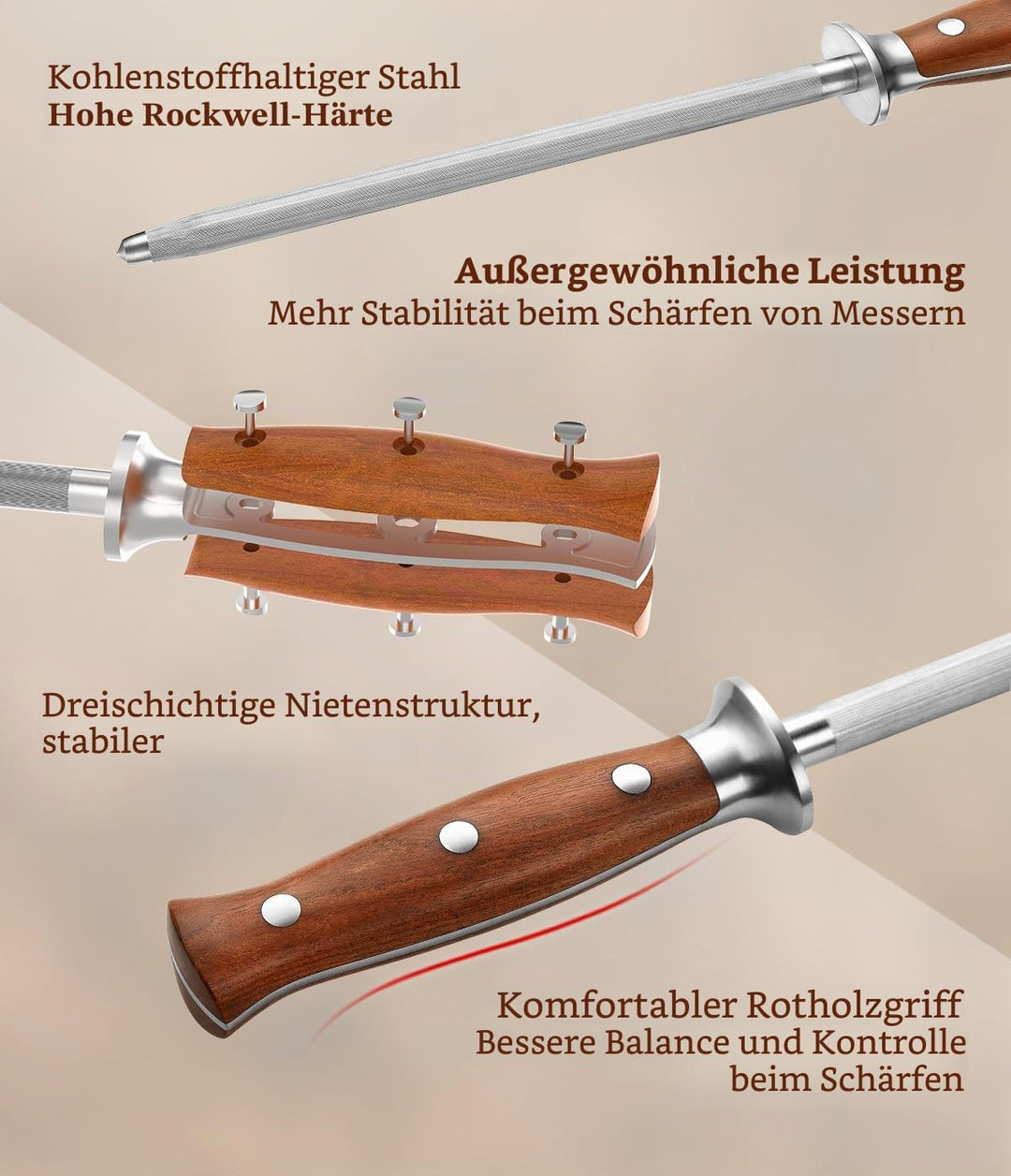 HEZHEN Wetzstab aus Hartstahl，Hochwertiger Messerschärfen, Wetzstab für Küchenmesser, Honingstab mit