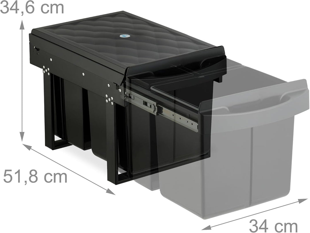 Relaxdays Einbaumülleimer, 3 Fächer, 15l & 2X 8l, HBT: 34,6 x 34 x 51,8 cm, ausziehbar, Müllsystem U