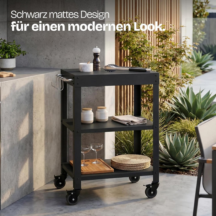 casa.pro Outdoor Servierwagen Bolognano Garten Rollwagen Stahl 81 x 50 x 50 cm Grillwagen mit 4 Hake