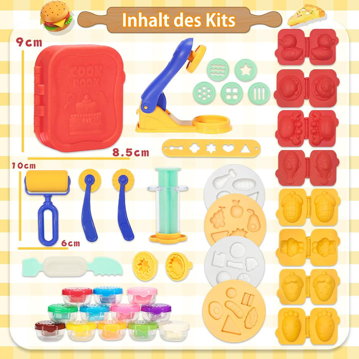 VBACALA 41 Stück Knete Set mit 12 Dosen Knetmasse, Knetwerkzeug Kinder Spielküche mit Eismaschine, B