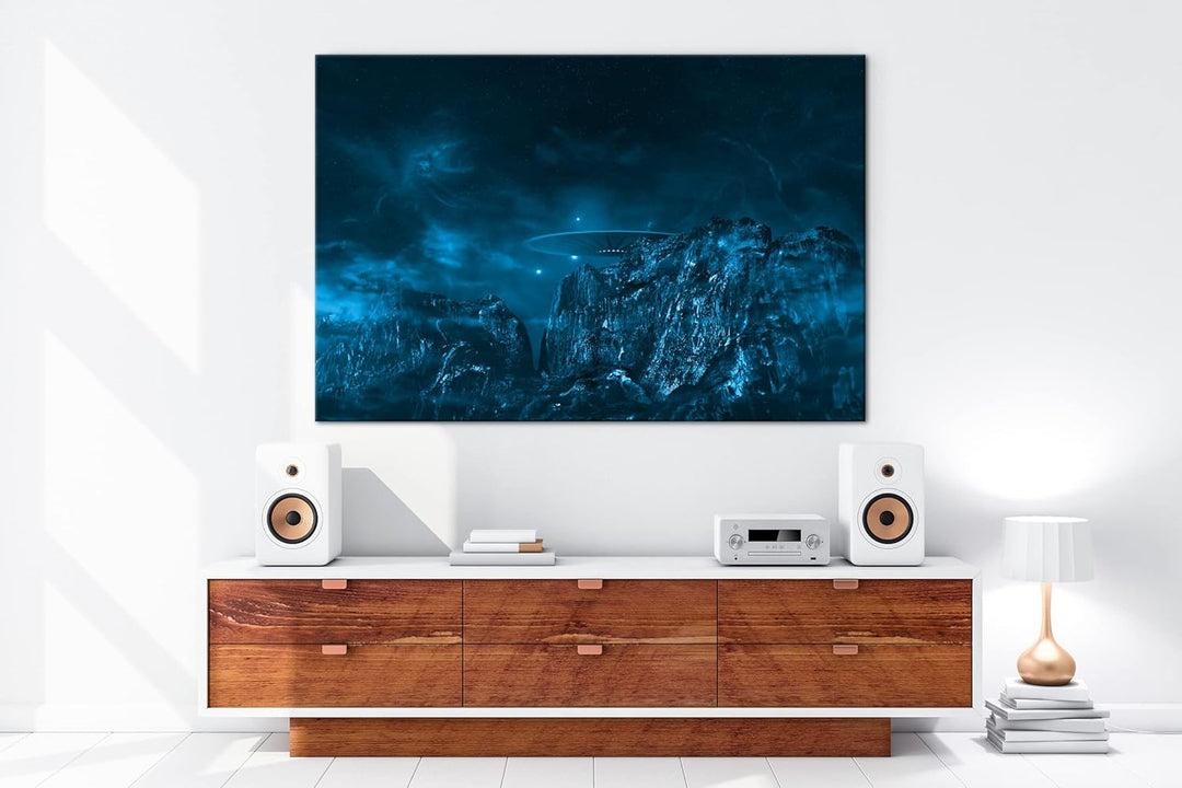 deyoli UFO auf einem fremden Planeten Format 60x40 Effekt: Monocrome Blau als Leinwandbild, Motiv fe