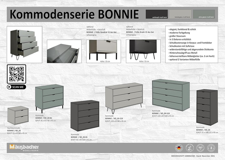 DEINE TANTE EMMA Bonnie/KO_04-119 anthrazit matt Lack Schubladenkommode Kommode Sideboard ca. 119 x