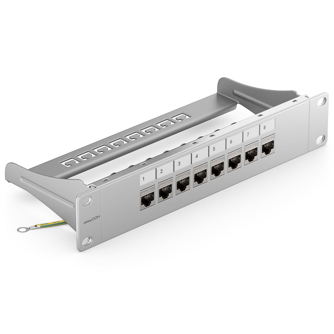 deleyCON 8 Port Patchpanel Set Patchfeld Modular 1 HE 10" Zoll Rackeinbau + 8x RJ45 Keystone Module