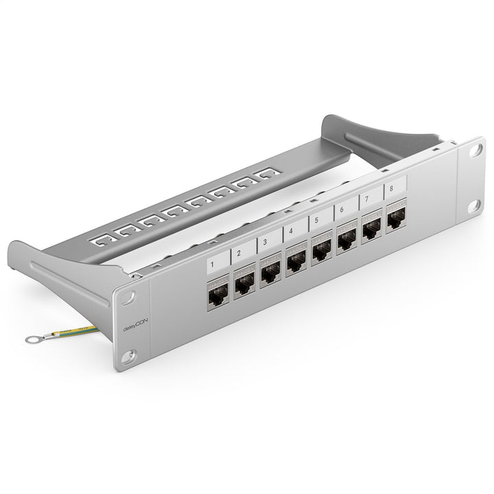 deleyCON 8 Port Patchpanel Set Patchfeld Modular 1 HE 10" Zoll Rackeinbau + 8x RJ45 Keystone Module